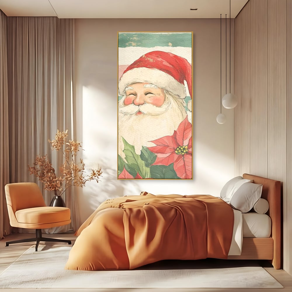 Tablou canvas cu portret ilustrativ cu mos craciun, in rama de aluminiu auriu, pe perete intr-un dormitor